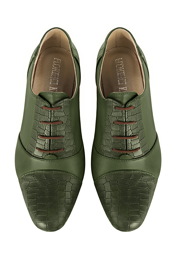 Forest green women's essential lace-up shoes. Round toe. Low block heels. Top view - Florence KOOIJMAN